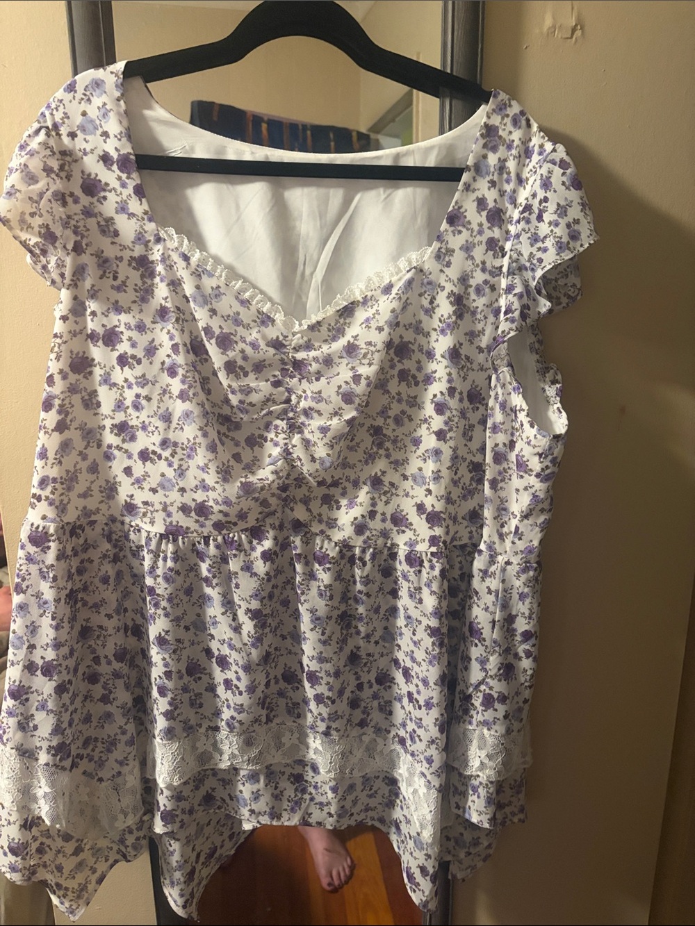 BloomChic White Tunic with Lavender Floral Print and Lace Trim